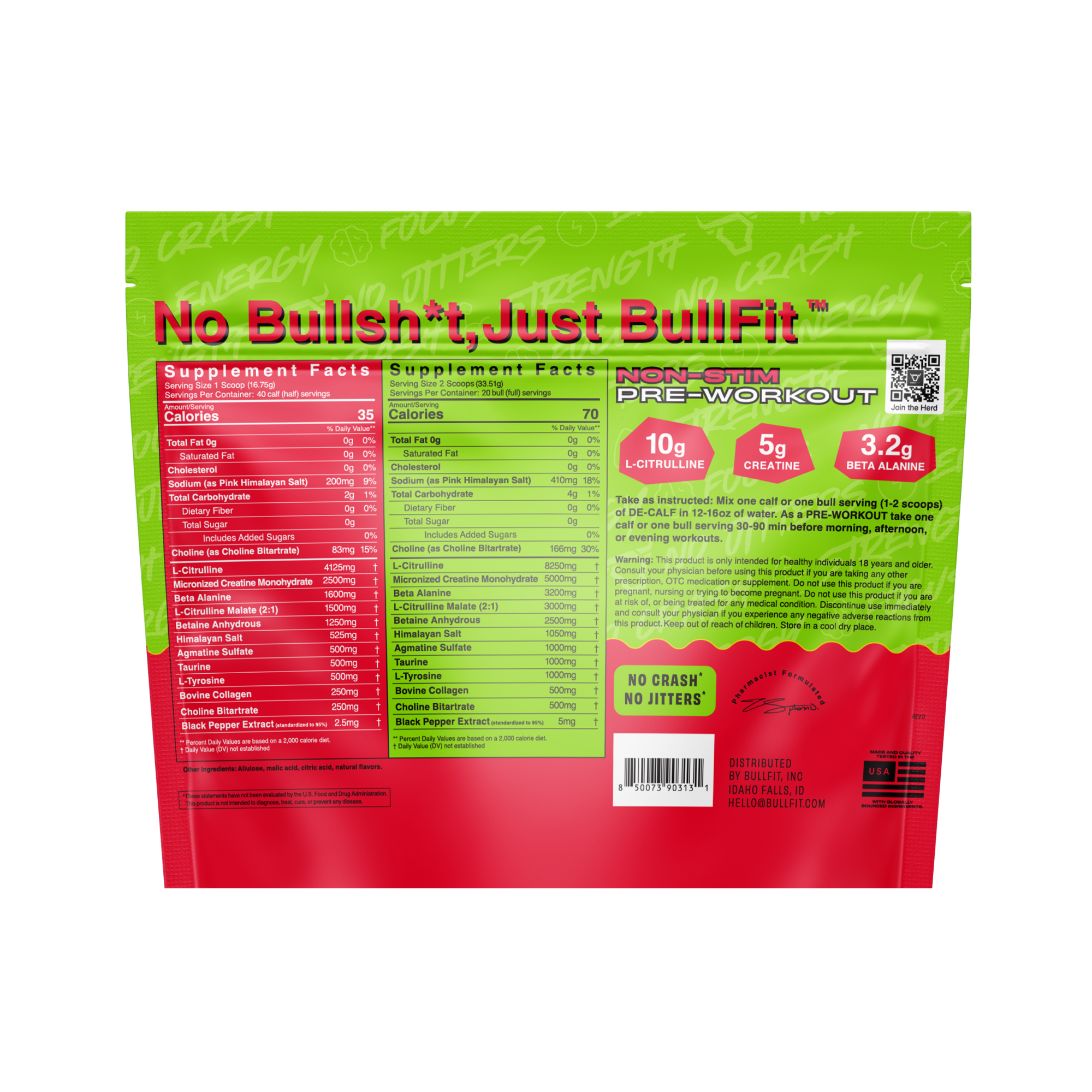 De-Calf Non-Stim Pre-Workout | Zero Caffeine, 5g Creatine | BullFit