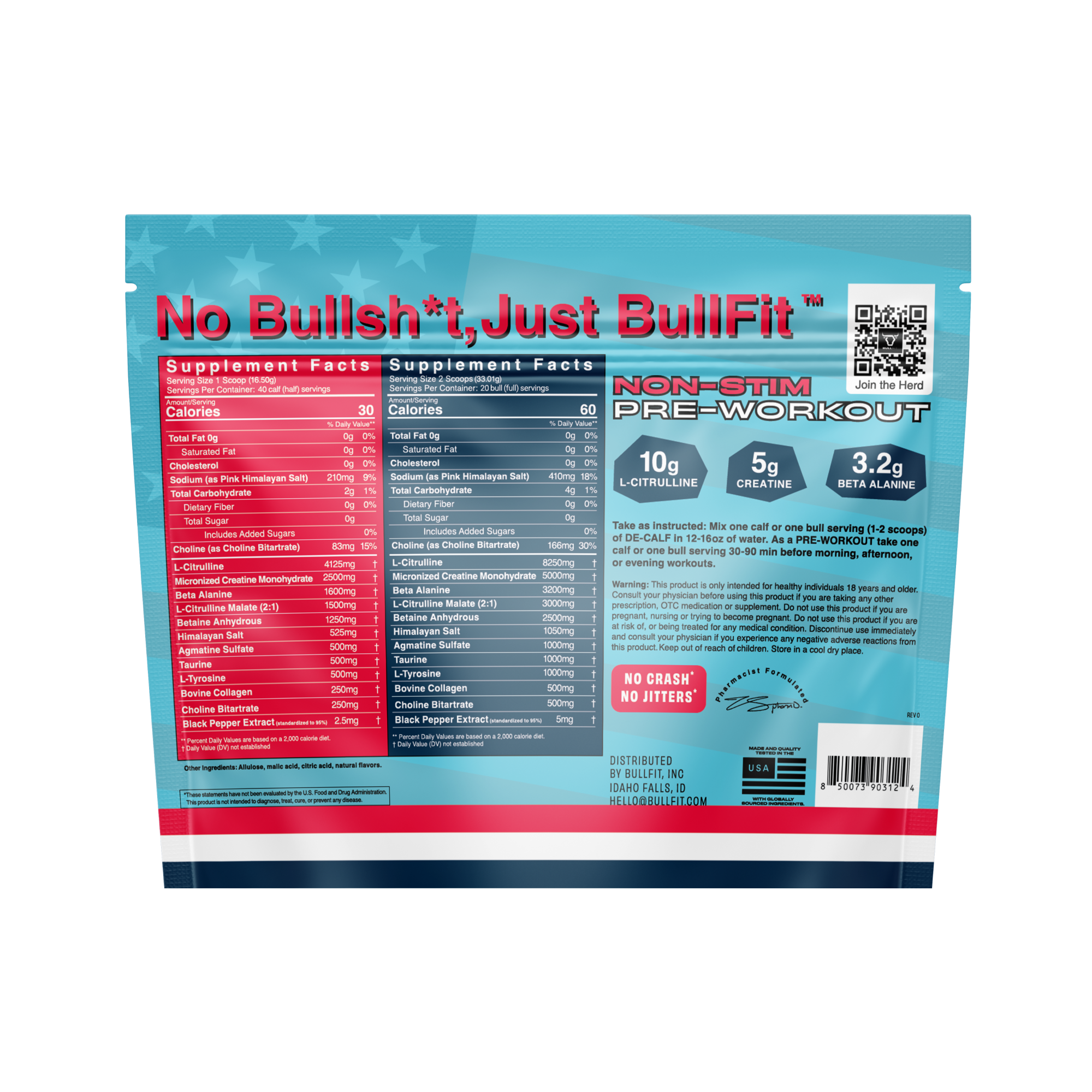 De-Calf Non-Stim Pre-Workout | Zero Caffeine, 5g Creatine | BullFit