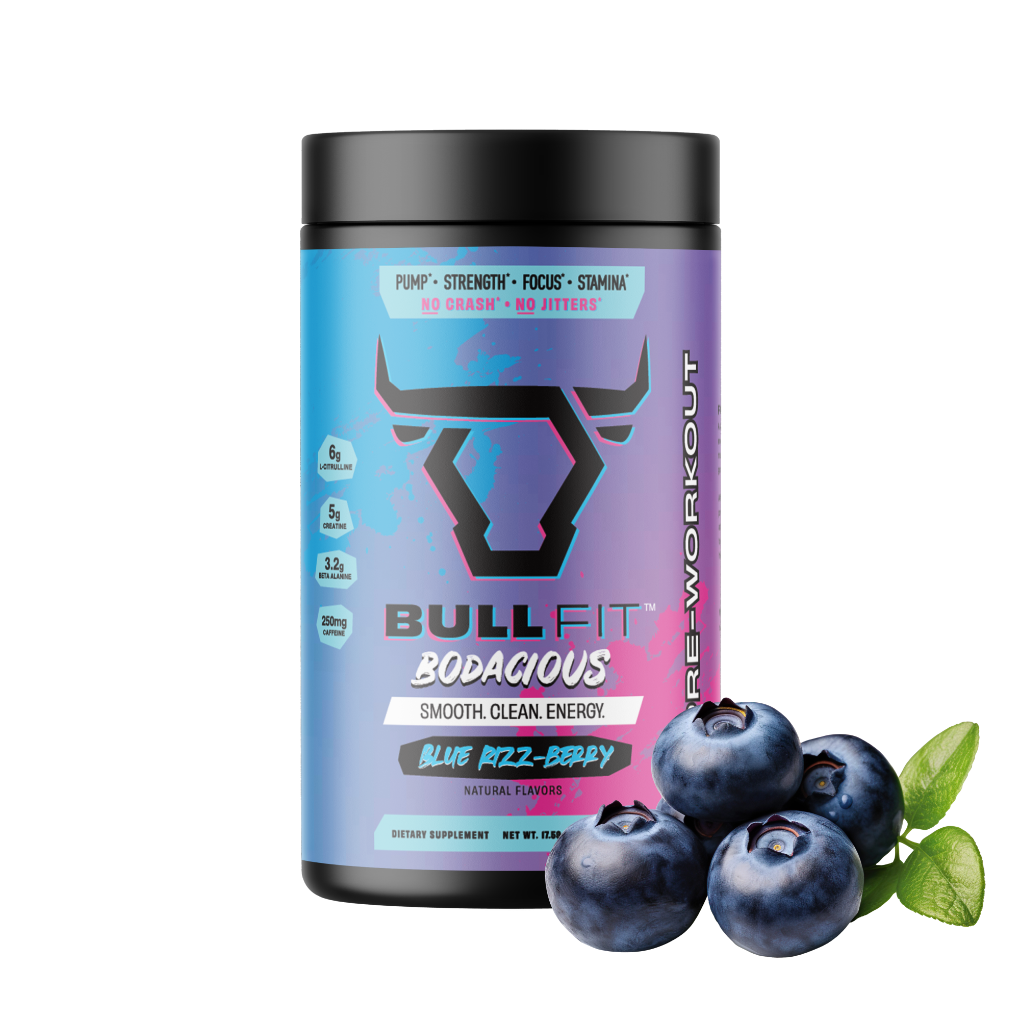 BullFit Bodacious Pre-Workout Blue Rizz-Berry flavor – clean high-stim pre-workout, no crash, no artificial flavors