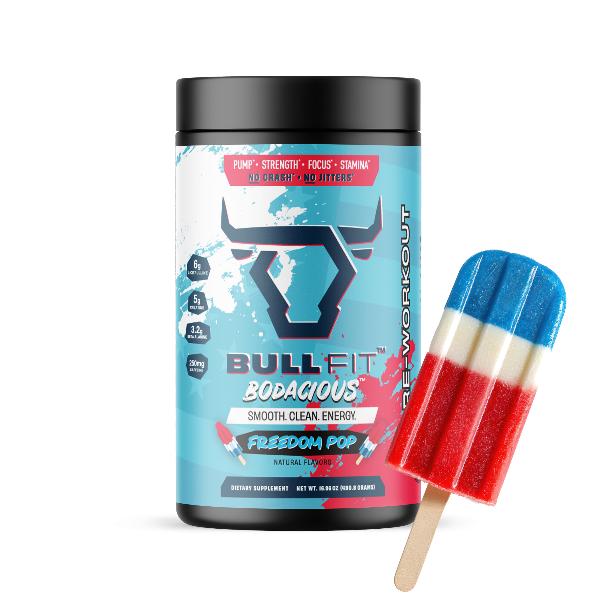 BullFit Bodacious Pre-Workout Freedom Pop flavor – clean high-stim energy supplement, no crash, no artificial flavors