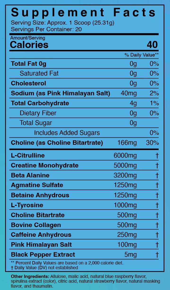 BullFit Bodacious Pre-Workout supplement facts label – 6g L-Citrulline, 5g Creatine, 250mg Caffeine, no artificial flavors, 20 servings
