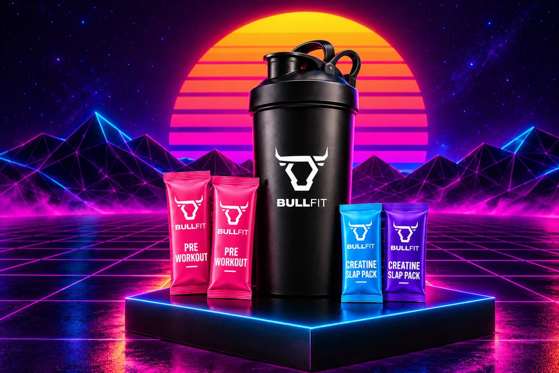 BullFit blender bottle with pre-workout and creatine Slap Pack samples