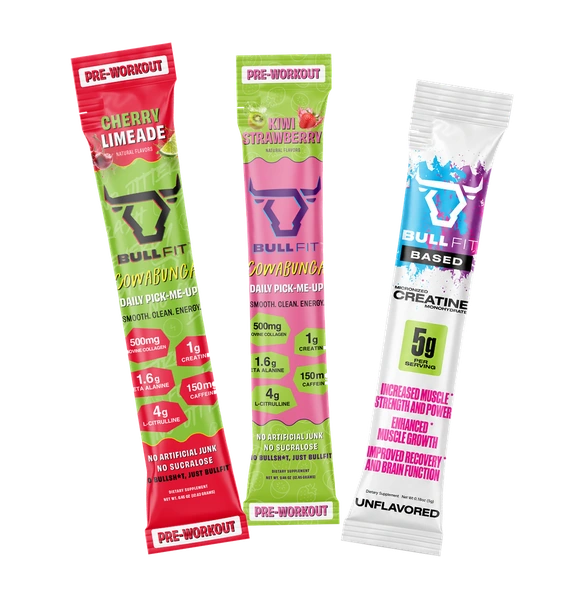 Three BullFit sample sticks: Cherry Limeade Cowabunga, Kiwi Strawberry Cowabunga, and white BASED unflavored creatine.